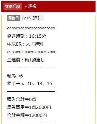 競馬厳選 8月16日中京8R無料予想