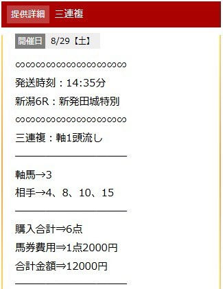 競馬厳選 8月29日新潟6R無料予想